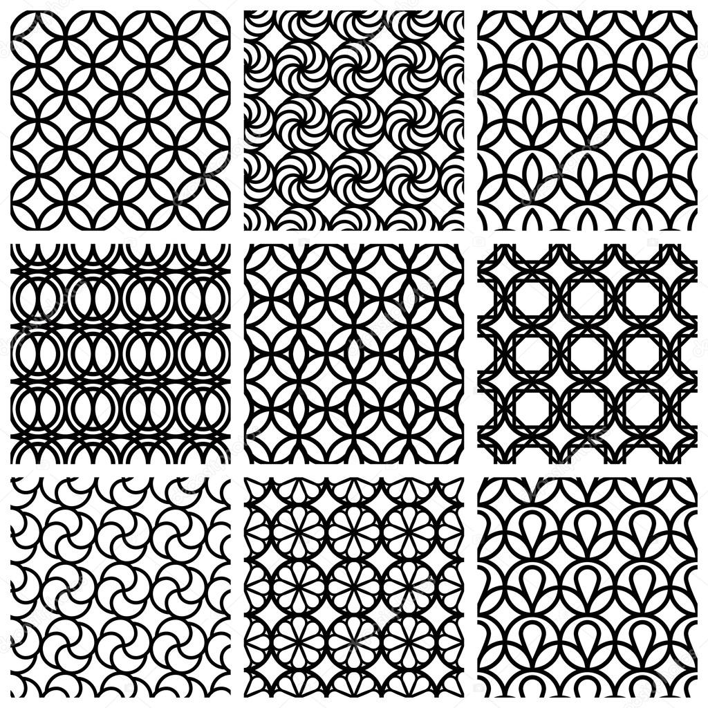 Monochrome geometric seamless patterns set.