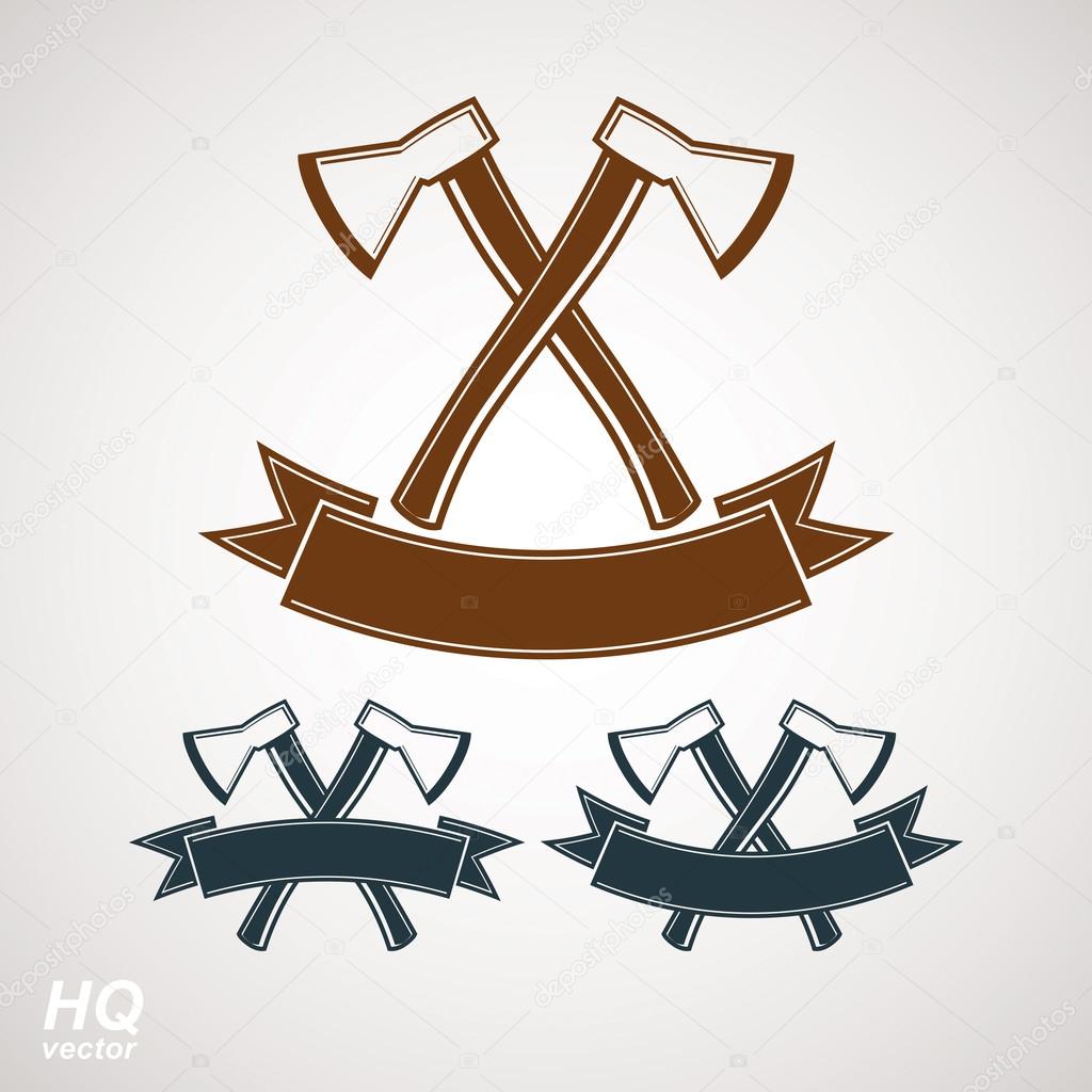 Set of axes crossed vector illustrations, garden tool symbols. G