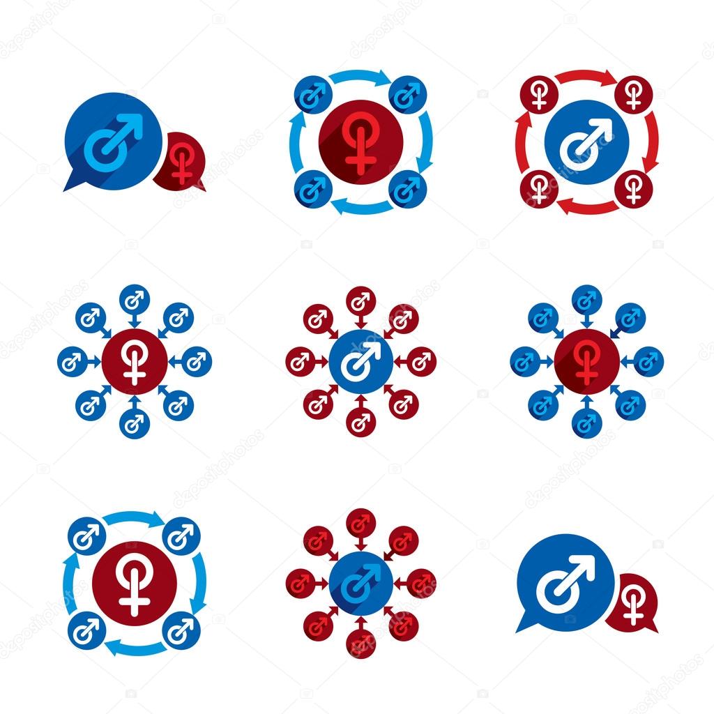 Male and female unusual sex theme vector icons set.