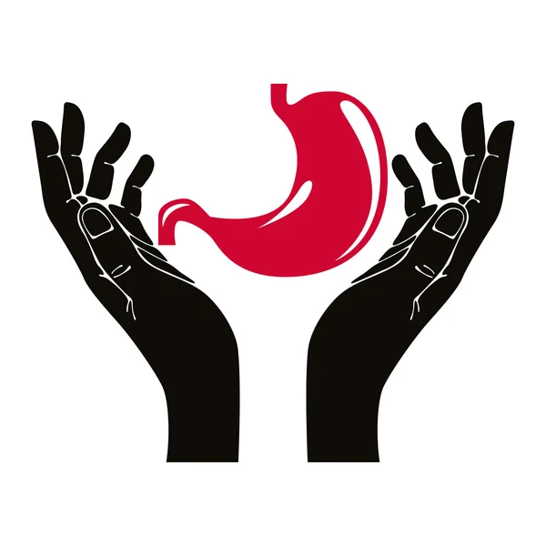 Mãos com símbolo de vetor de estômago humano . — Vetor de Stock