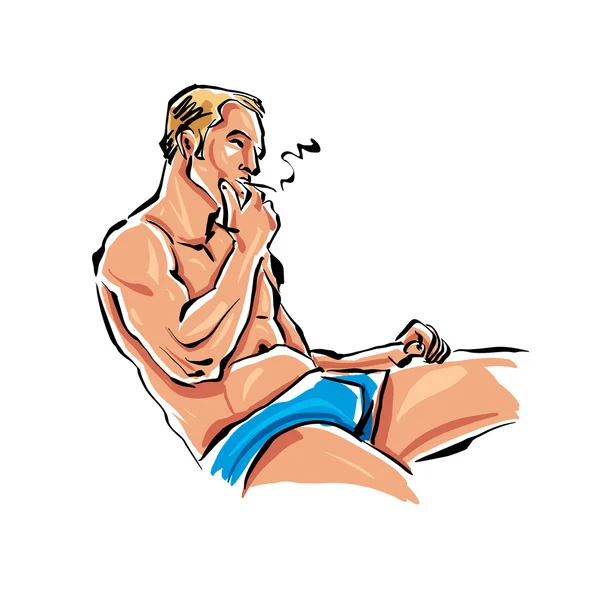 Illustrazione colorata disegnata a mano di un fumo rilassato dai capelli biondi — Vettoriale Stock