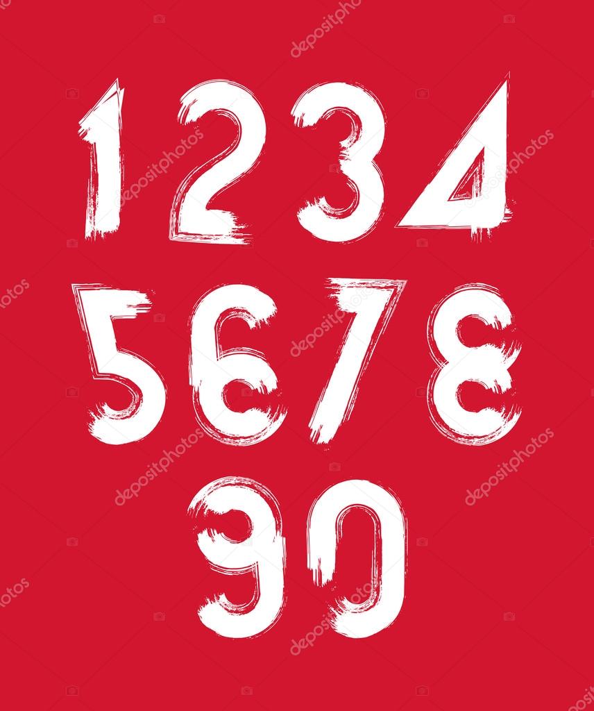 Calligraphic brush numbers on red backdrop, hand-painted white v