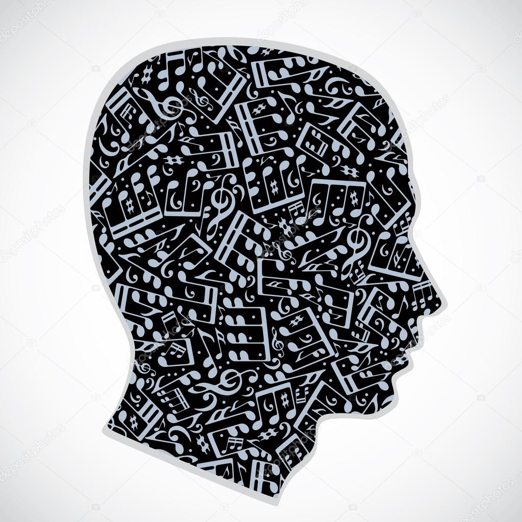 Vector silhouette of a head filled with musical notes and symbols on white background.