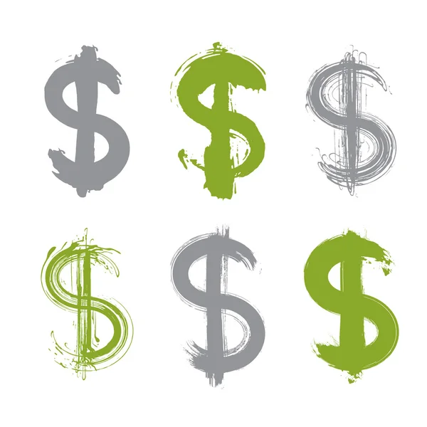 Ensemble d'icônes en dollar vert peintes à la main isolées sur fond blanc — Image vectorielle