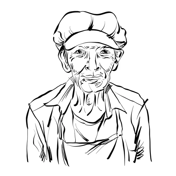 Hand dras illustration av en gammal man med keps, svart och whit — Stock vektor