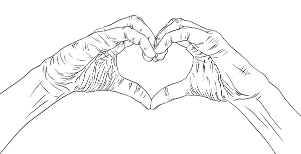 Mains en forme de coeur, lignes détaillées en noir et blanc vecteur illus — Image vectorielle