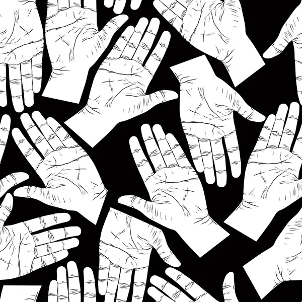 Öppna händer söker varandra för att skaka seamless mönster, svart — Stock vektor