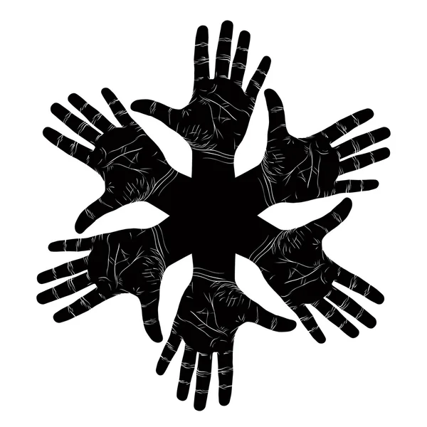 Six open hands abstract symbol, detailed black and white vector — Stock Vector