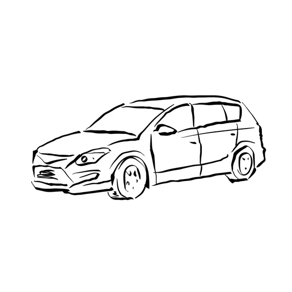 Carro desenhado à mão preto e branco sobre fundo branco, ilustrado — Vetor de Stock