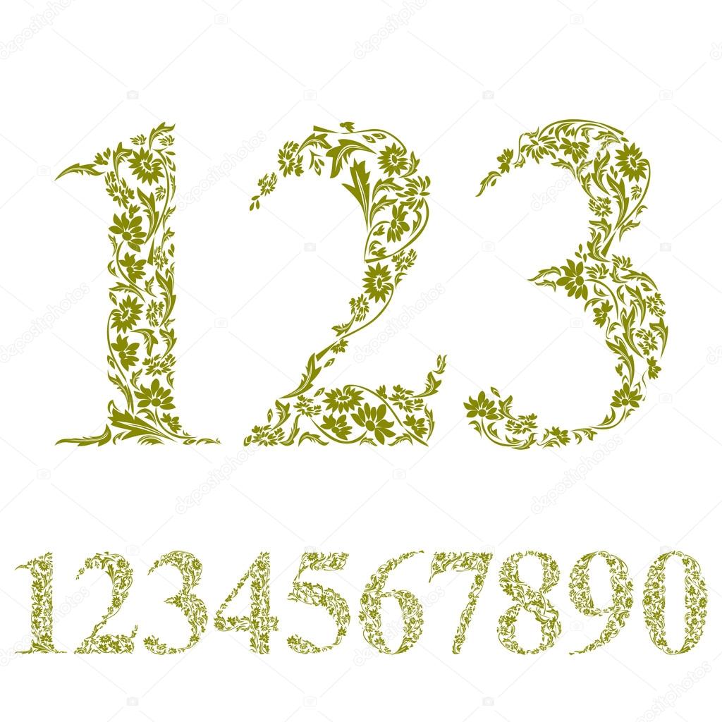 Floral numbers set, vintage style numerals, vector set.