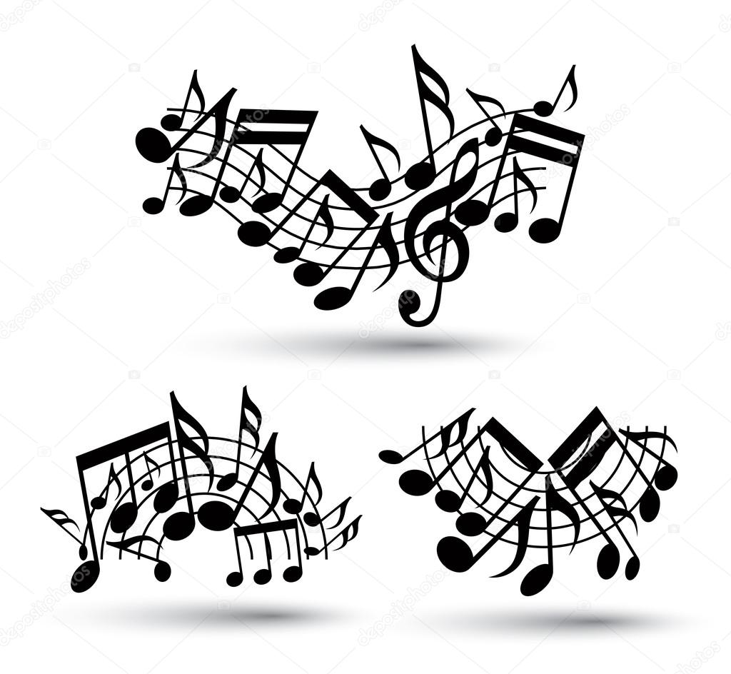Vector black jolly wavy staves with musical notes on white background, decorative major arched set of musical notation symbols.