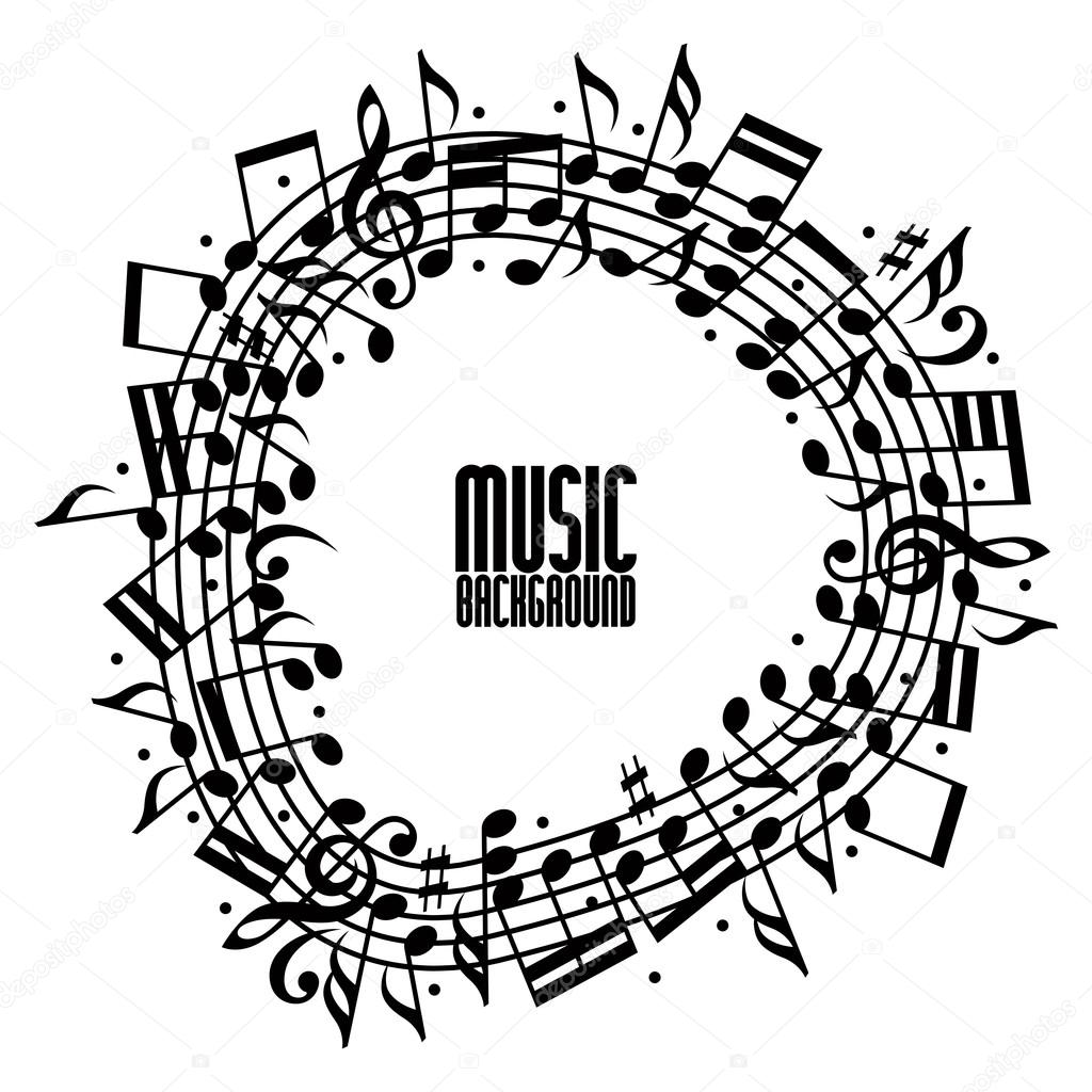 Vector black rounded stave with musical notes on white background, decorative musical notation.