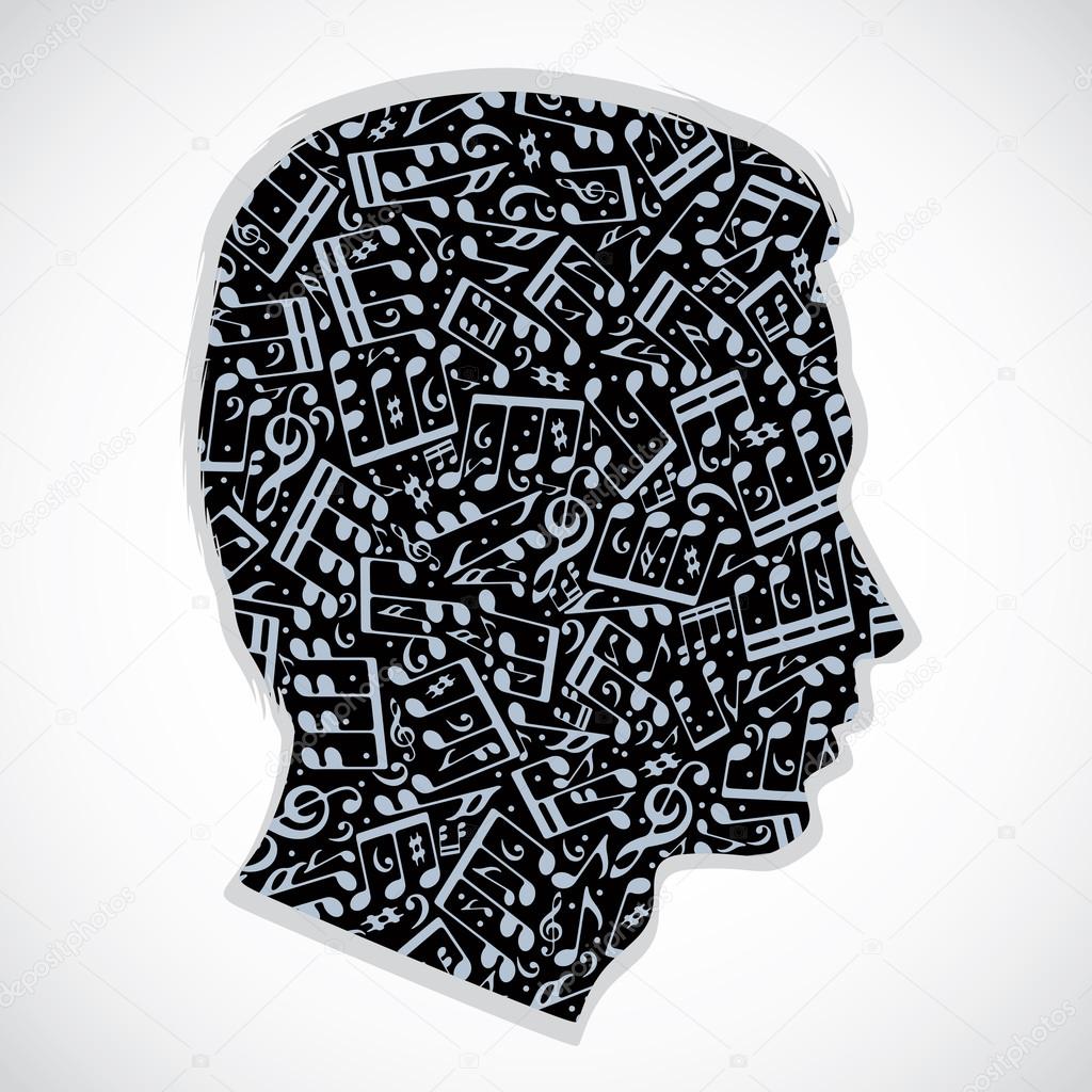 Vector silhouette of a head filled with musical notes and symbols on white background.