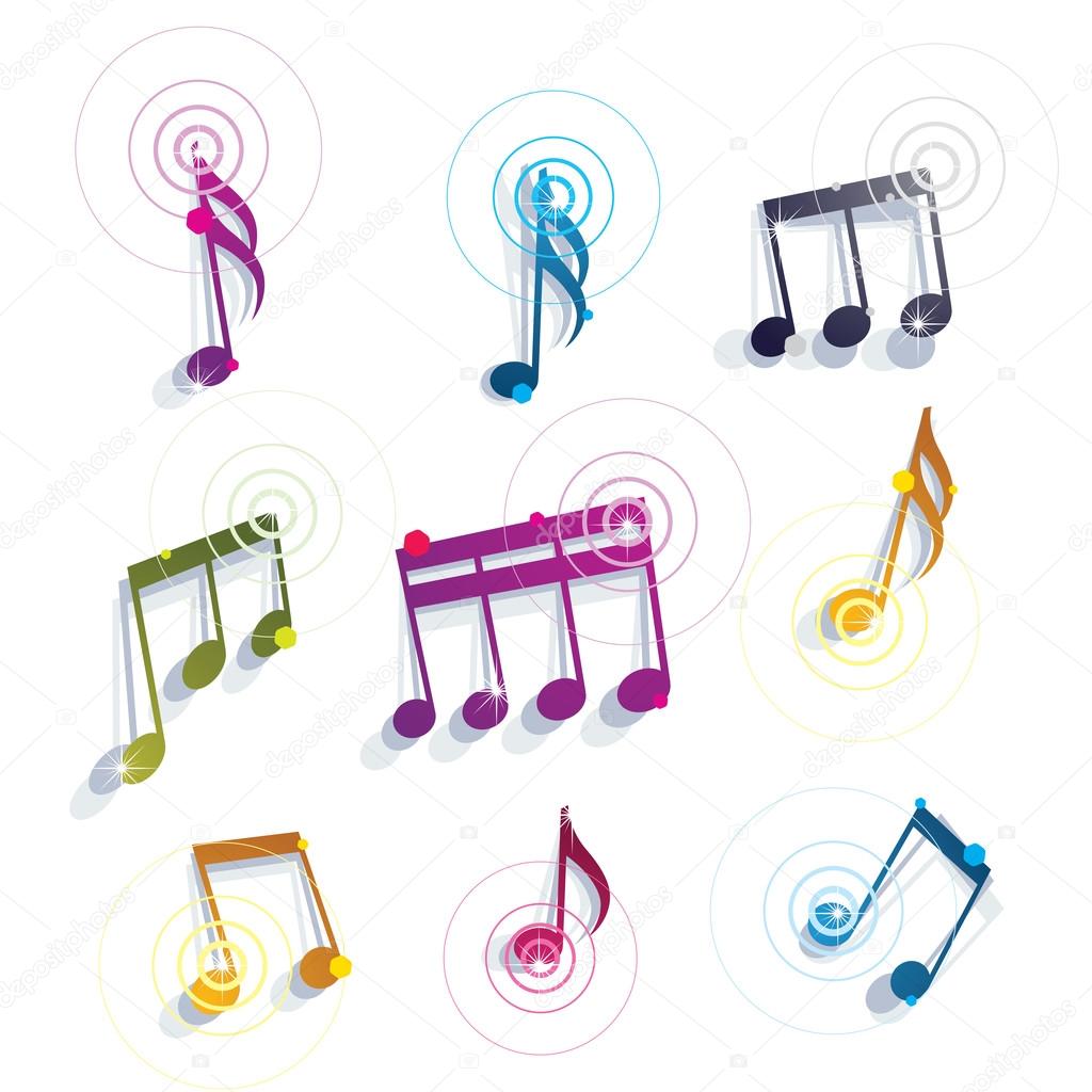 Bright expressive jolly glossy musical notes and symbols isolated on white background, vector glamorous musical elements.