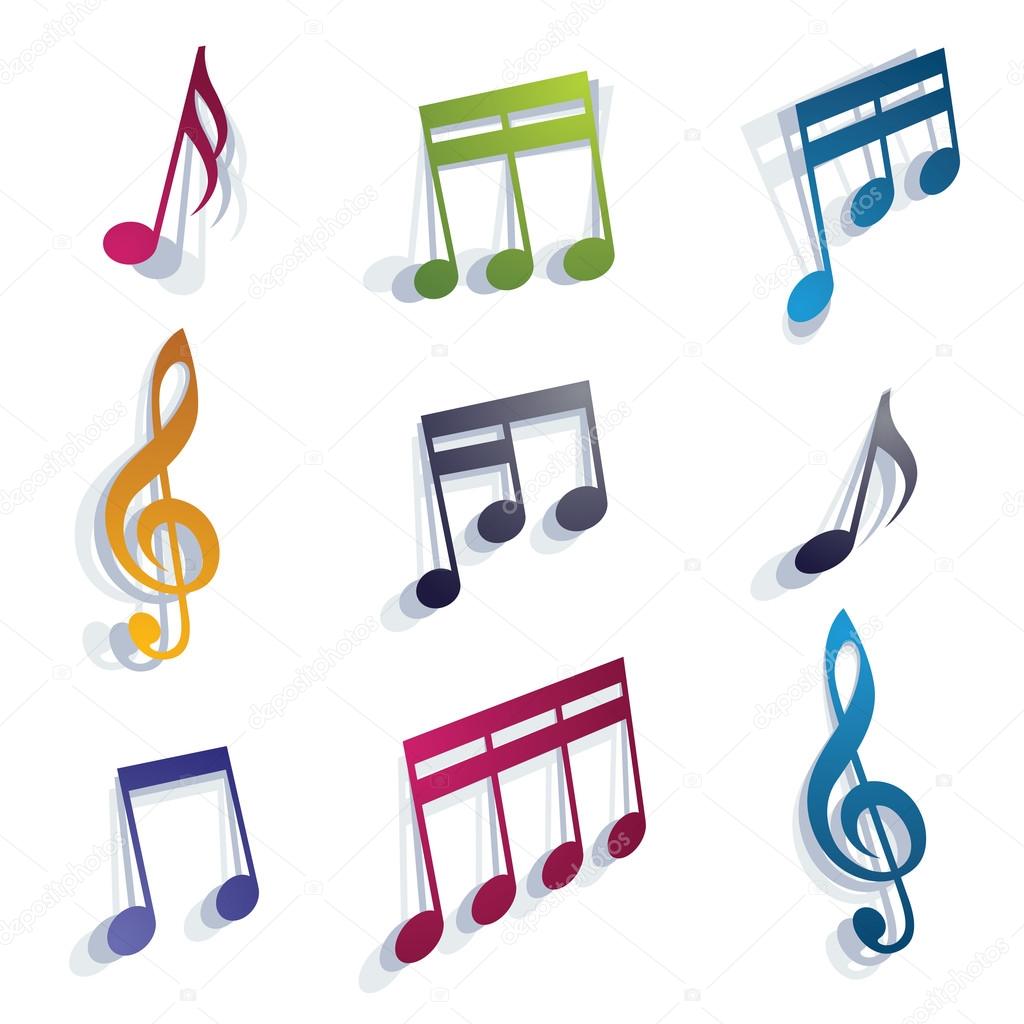 Vector bright expressive jolly musical notes and symbols isolated on white background.