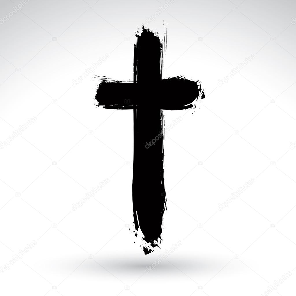 Hand drawn black grunge cross icon, simple Christian cross sign,