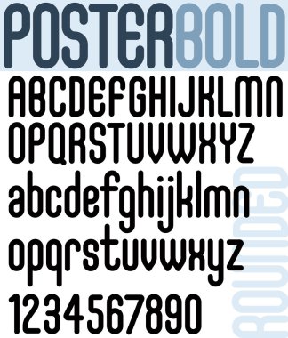 Yuvarlak siyah yazı tipi ve beyaz arkaplanda rakamlar, kalın poster harfleri.