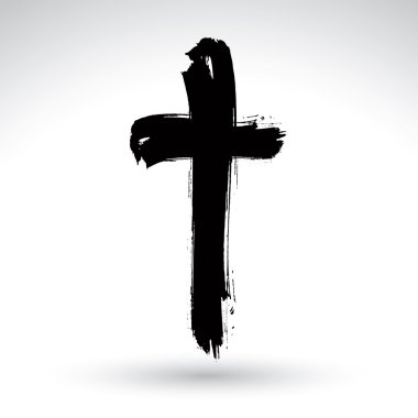 Hand drawn black grunge cross icon, simple Christian cross sign, clipart