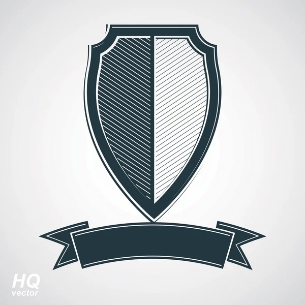 Icono de premio militar. Escudo de defensa de escala de grises vectorial con cinta curvilínea, elemento gráfico de diseño de protección. Ilustración heráldica sobre el tema de la seguridad - Escudo de armas retro . — Vector de stock