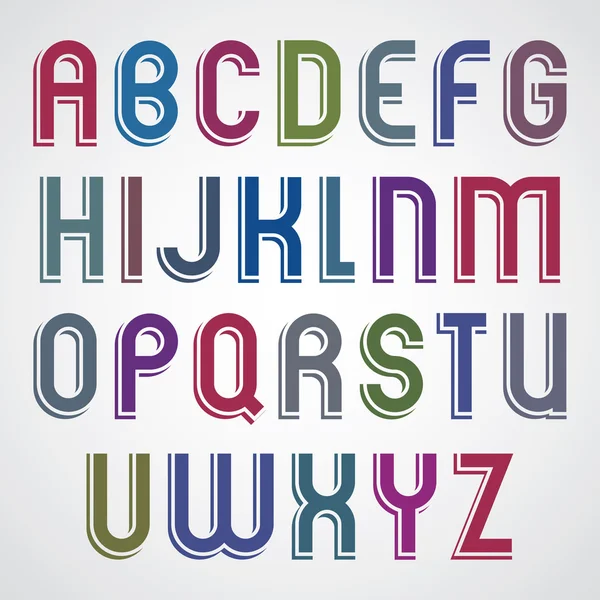 Цветной мультяшный шрифт, закругленные буквы верхнего регистра с белым снаружи — стоковый вектор