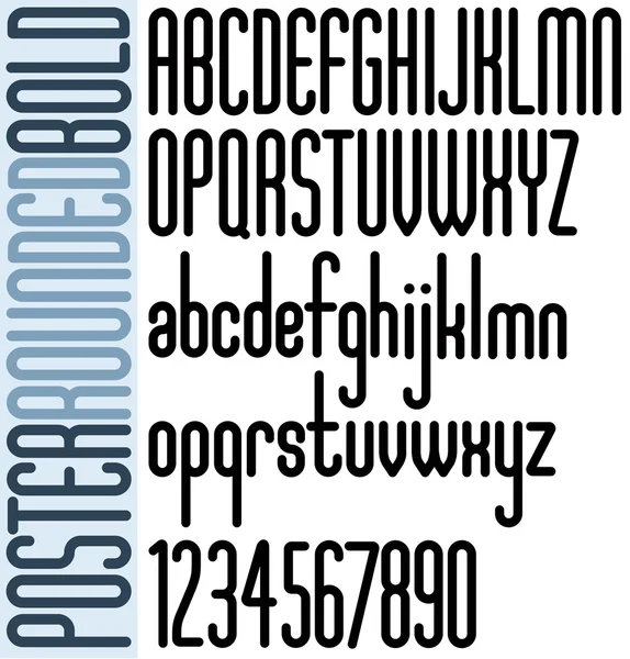 Afgeronde zwarte lettertype en cijfers op witte achtergrond, vet affiche letters. — Stockvector