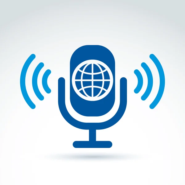 Microfone vetorial com ilustração terrestre, meios de comunicação globais, em — Vetor de Stock