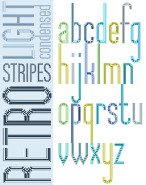 Poster bright retro condensed font, striped compact light lowerc — Stock Vector