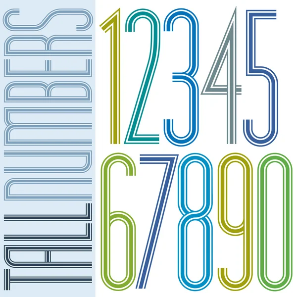 Poster tall colorful striped numbers with triple lines on white — Stock Vector