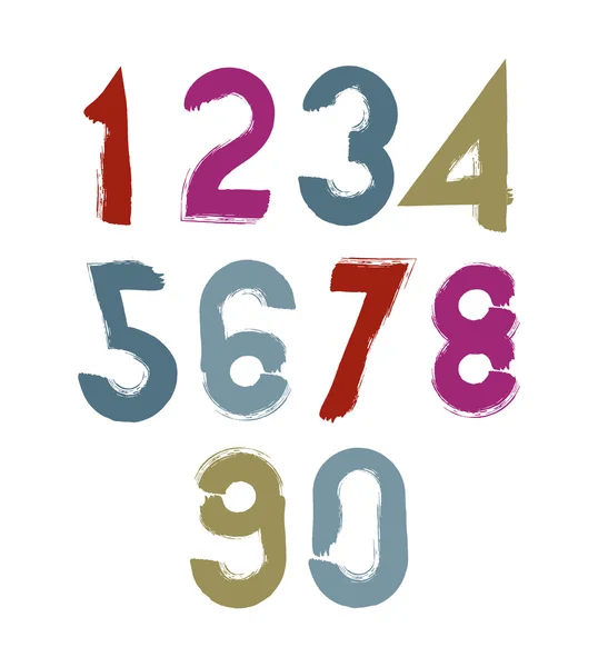 Números manuscritos multicoloridos, figuras escovadas vetor doodle , — Vetor de Stock