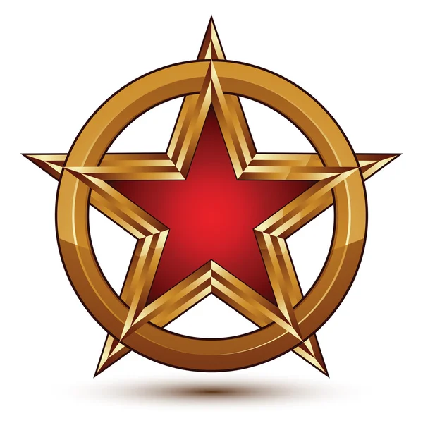 Refined vector red star emblem with golden borders, 3d pentagona — Stock Vector