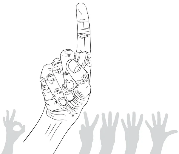 Chiffres ensemble de signes de main, numéro un, lin noir et blanc détaillé — Image vectorielle