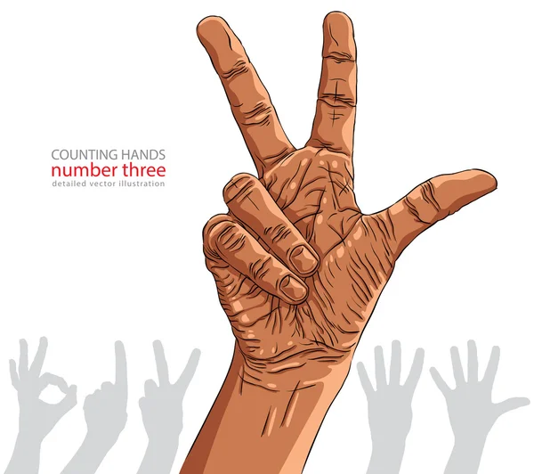 Numbers hand signs set, number three, African ethnicity, detaile — Stock Vector