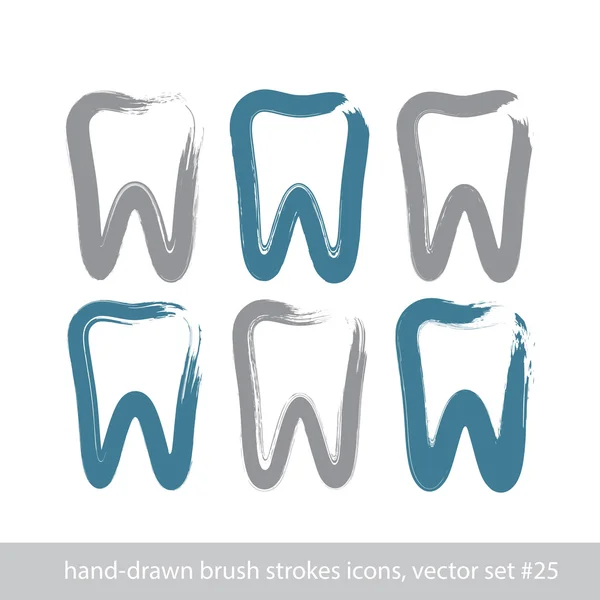 Conjunto de iconos de dientes simples dibujados a mano, dibujo de cepillo de tinta real — Vector de stock