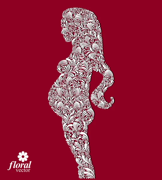 Illustration af en ung smuk gravid kvinde. Blomstermønster – Stock-vektor