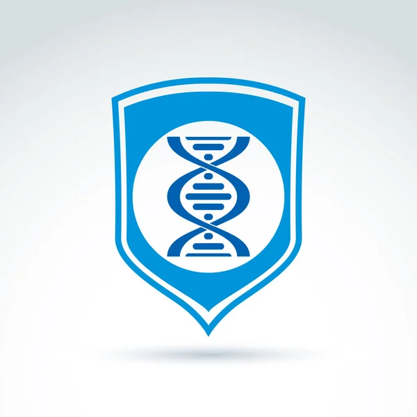 Escudo azul vectorial con moléculas de ADN espiral, análisis de ADN mano de obra — Vector de stock
