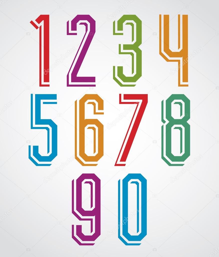 Colorful decorative geometric narrow thin numbers with white out