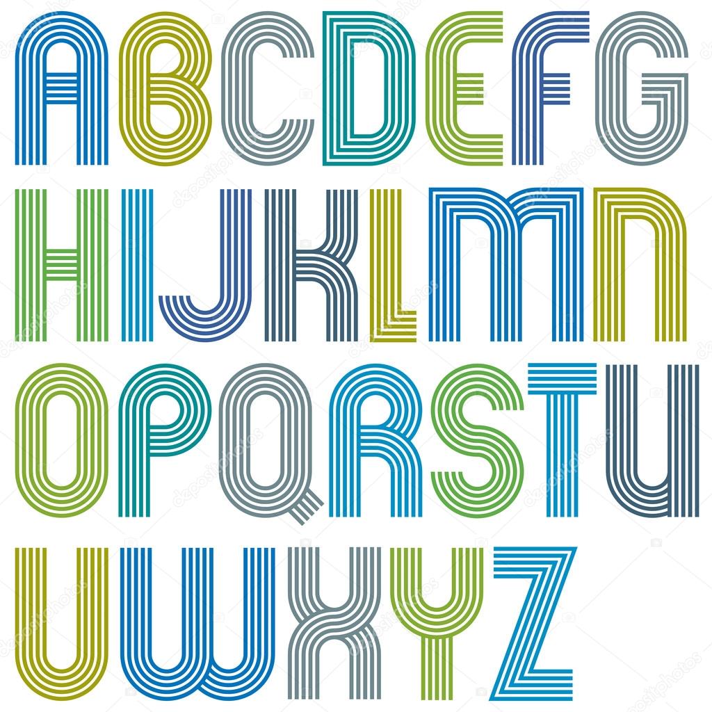 Large parallel striped colorful uppercase letters with rounded c