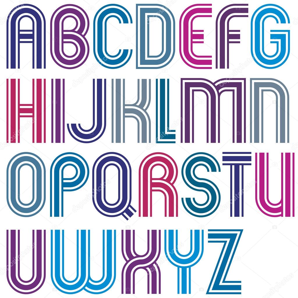 Colorful uppercase letters with rounded corners, bold striped fo