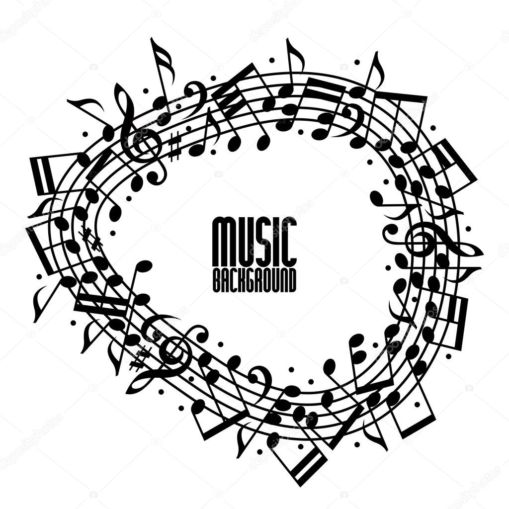 Vector black rounded stave with musical notes on white background, decorative musical notation.