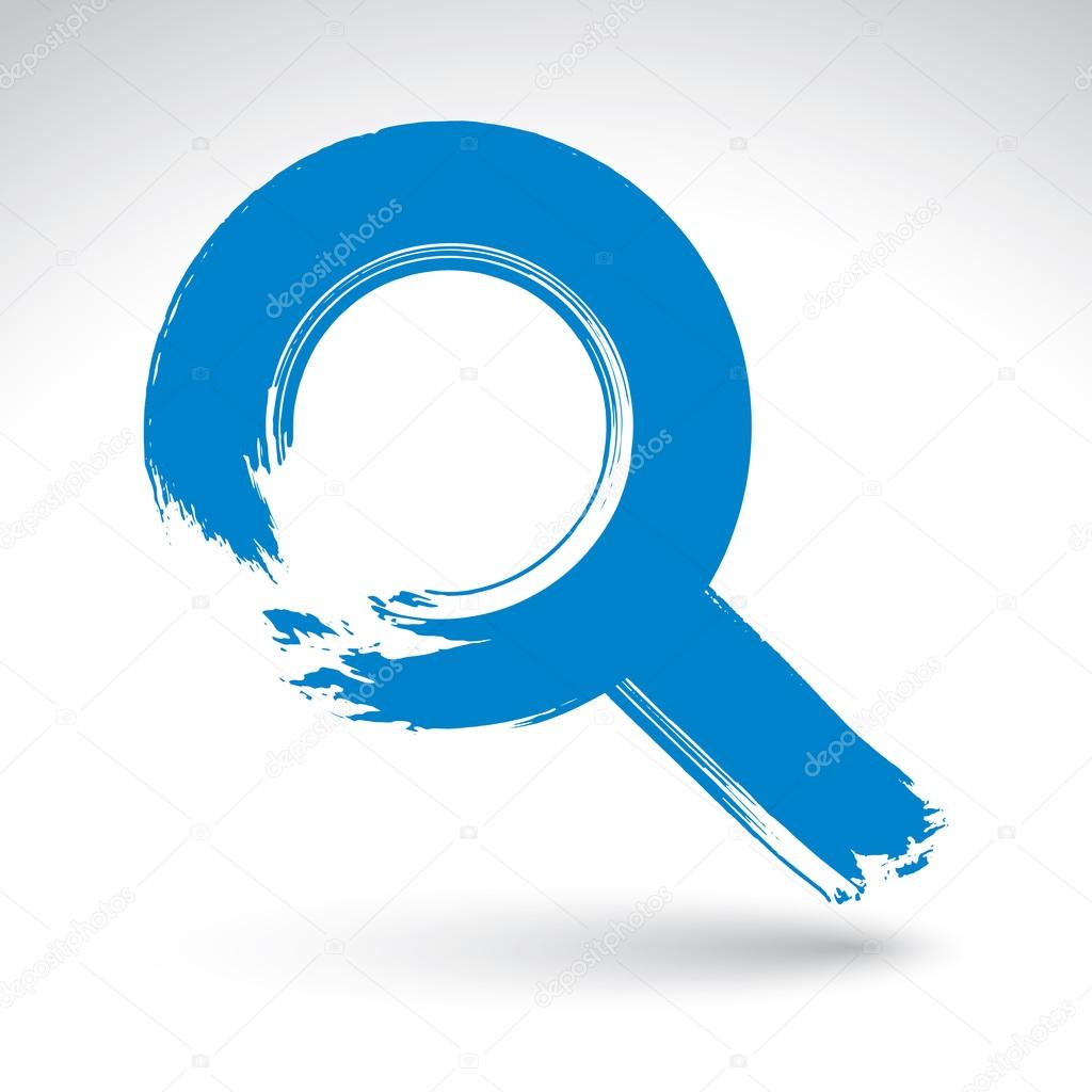 Hand-painted blue magnifying glass icon isolated on white backgr