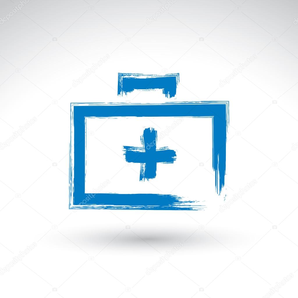 Brush drawing simple blue first aid kit, medicine icon, created 
