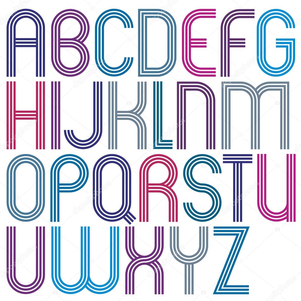 Rounded big jolly parallel cartoon uppercase letters, colorful f