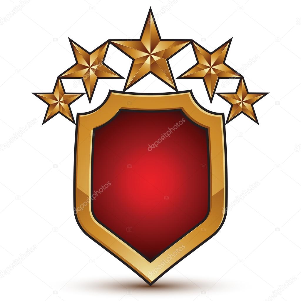 Graphic vector red shield emblem with five golden stars, 3d bran