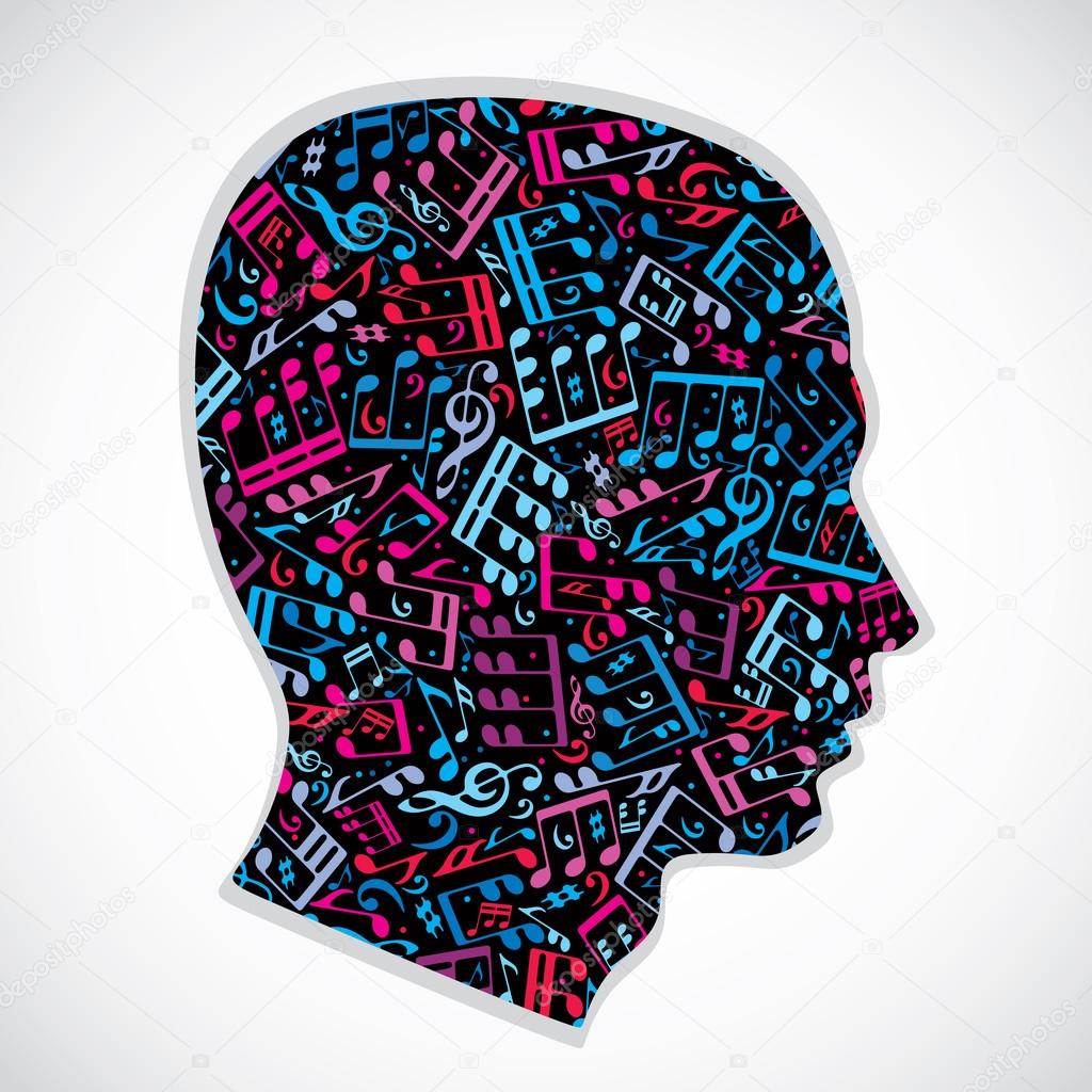 Bright expressive silhouette of a head filled with musical notes and symbols on white background with outline.