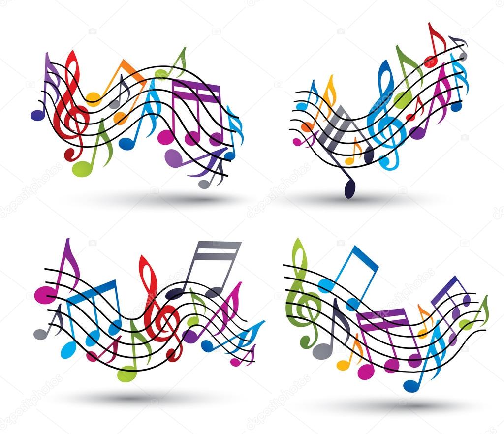 Bright jolly vector staves with musical notes on white background, decorative major wavy set of musical notation symbol.