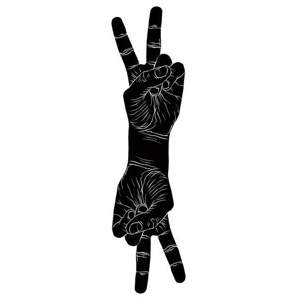 Victory hand sign with two hands, detailed black and white vecto — Stock Vector