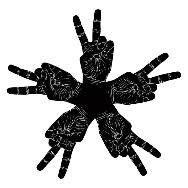 Five victory hands abstract symbol, black and white vector speci — Stock Vector