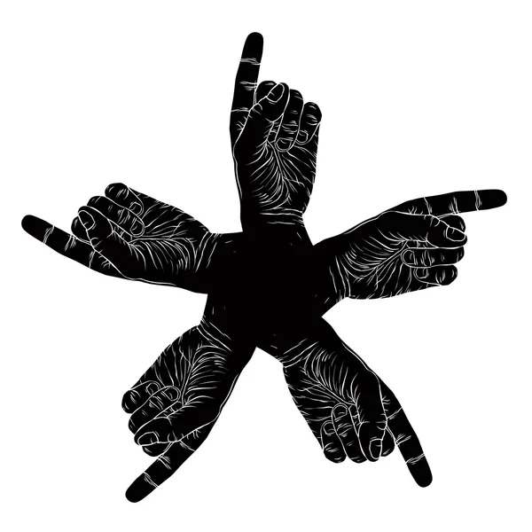 Five pointing hands abstract symbol, black and white vector spec — Stock Vector