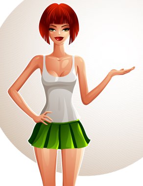 Kızıl saçlı Bayan bir şeyler gösteriyor