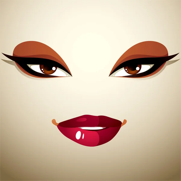 Yeux et lèvres humains avec un maquillage lumineux — Image vectorielle